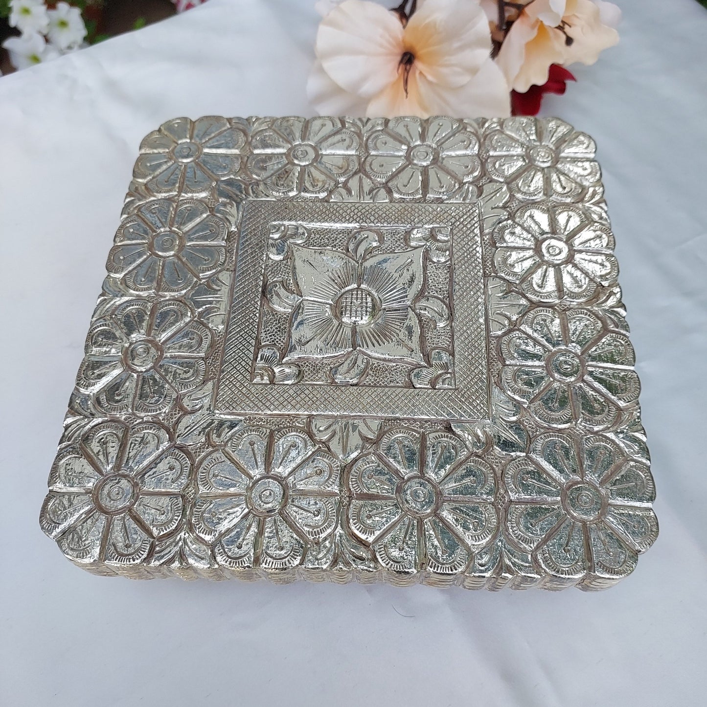 Silver Chowki on Carved Teakwood