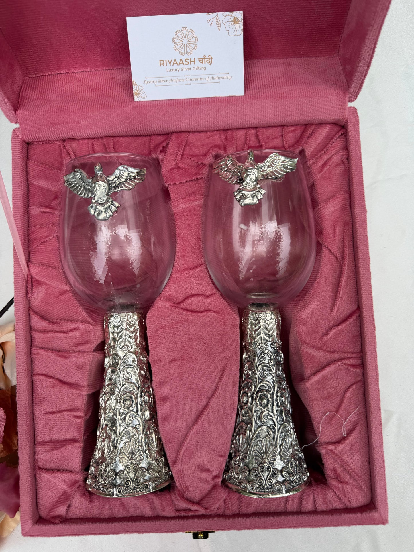 Silver Bird Design Wine Glass Pair