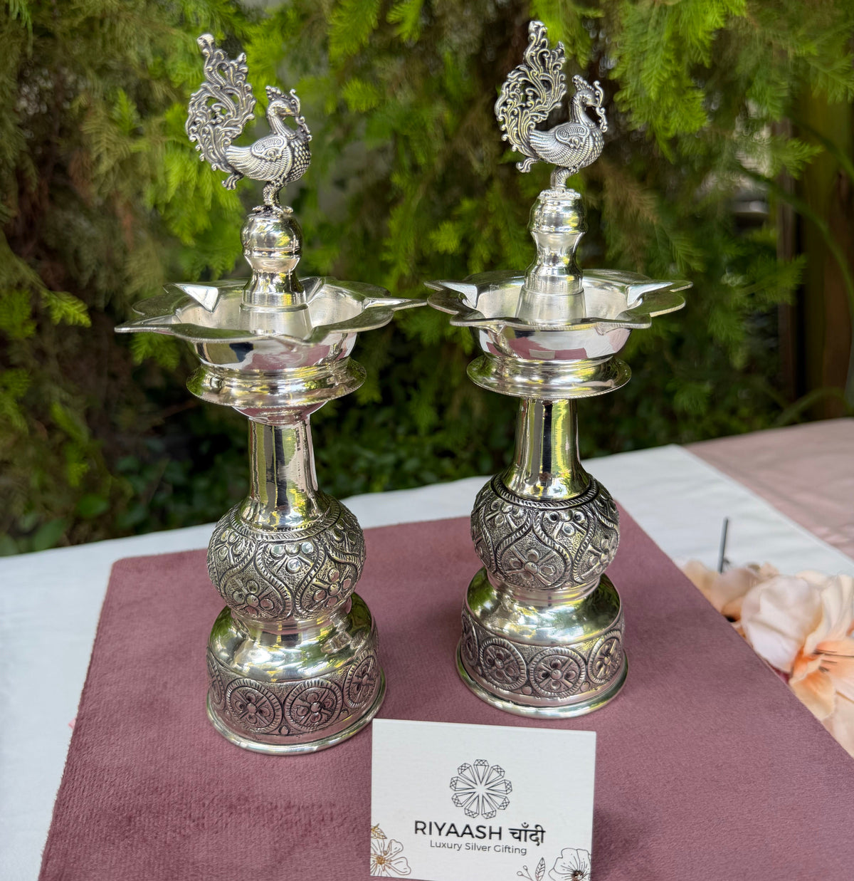 Peacock Silver Diya Pair