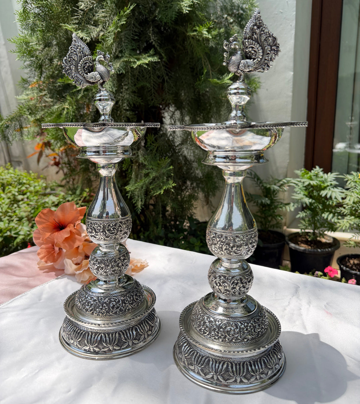 Long Peacock Silver Diya Pair