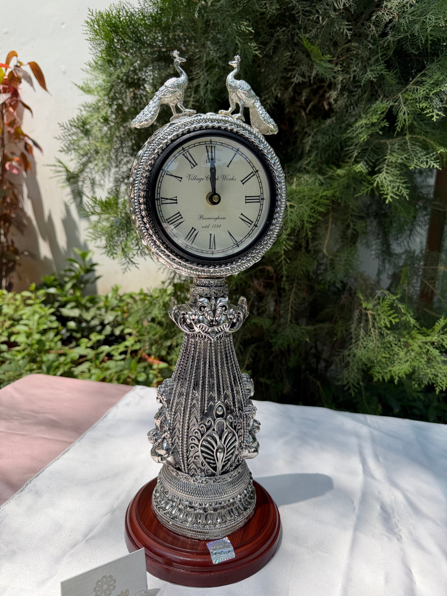 Silver Peacock Table Clock
