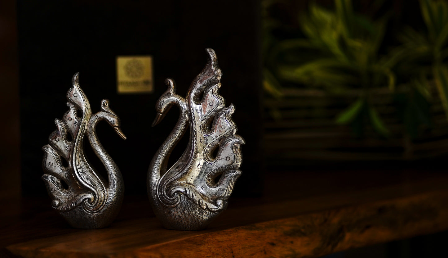 Dancing Silver Peacocks Statue