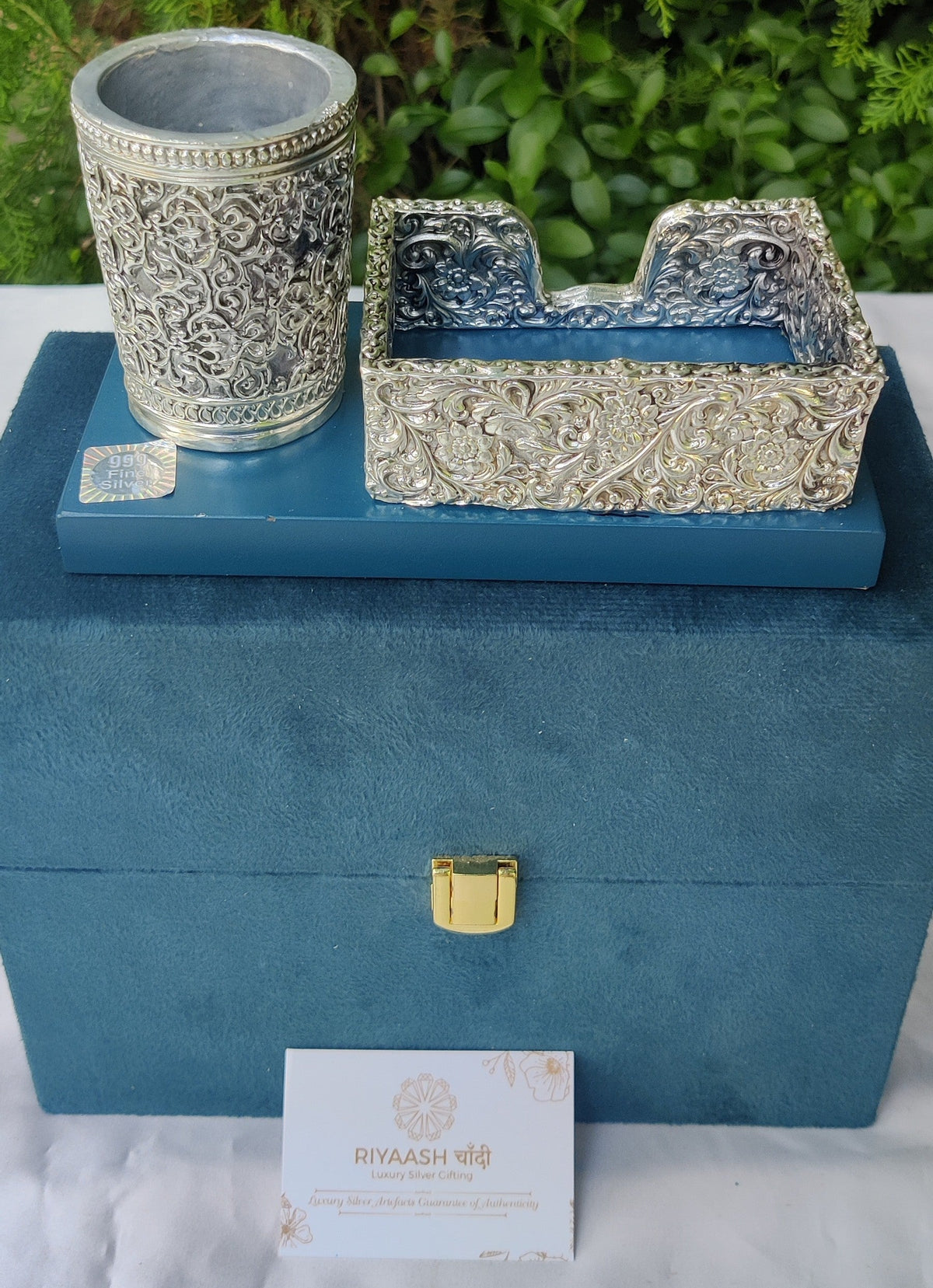 Silver Card Holder Pen Stand