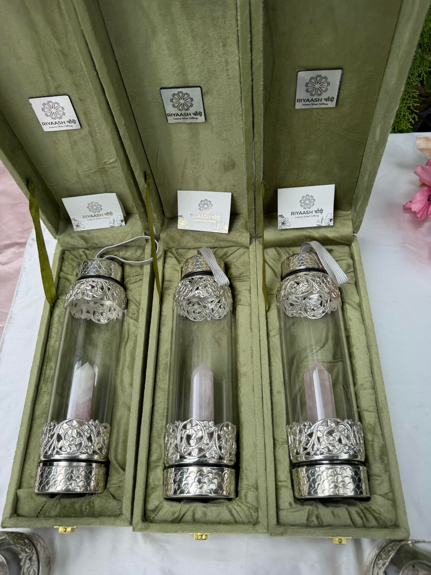 925 Pure Hallmarked Silver Glass Bottle with Rose Quartz Inside