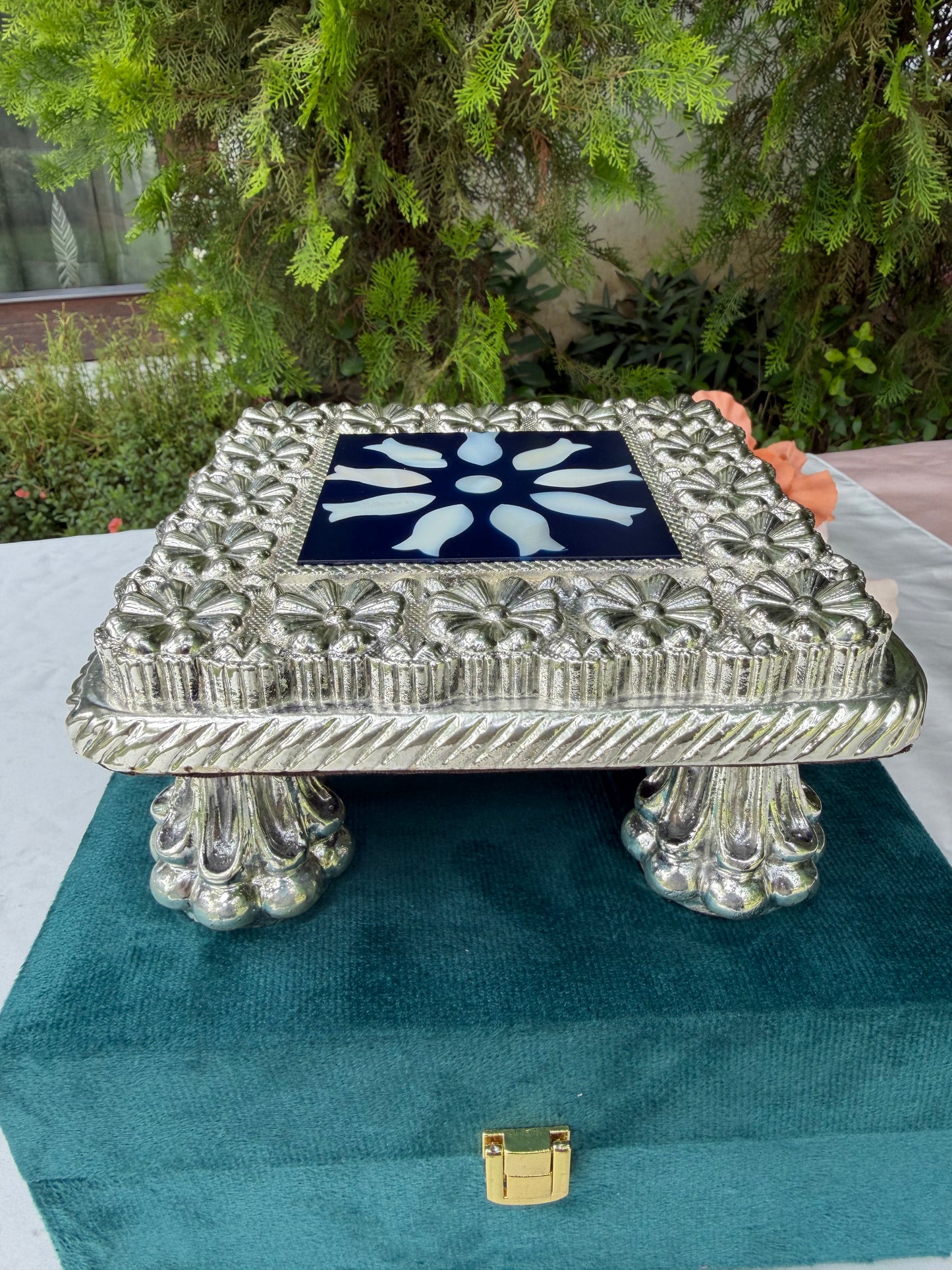 Blue Fish Design Silver Chowki