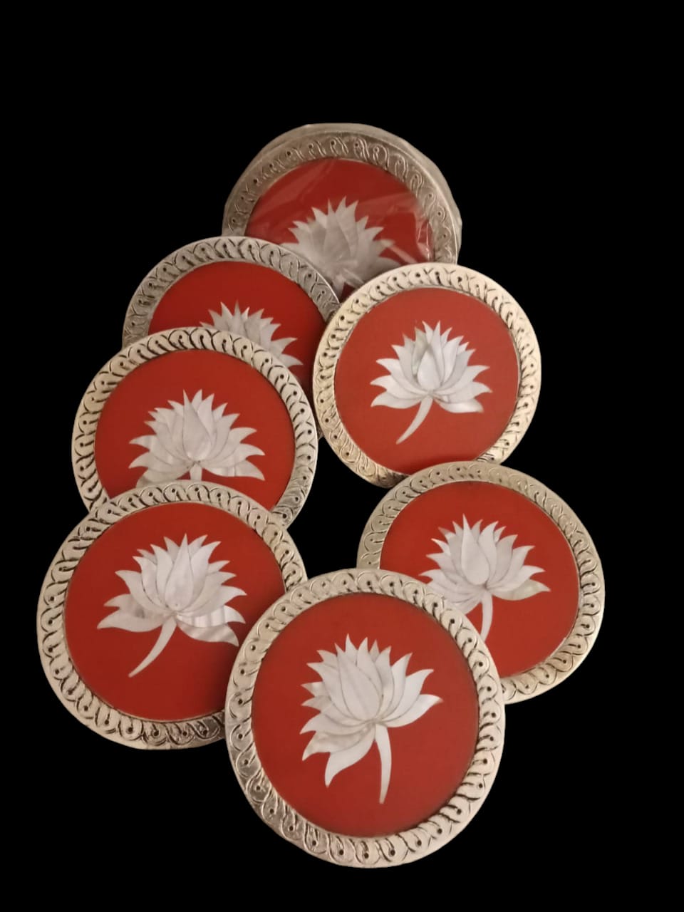 Round MOP Silver Red Lotus Coasters