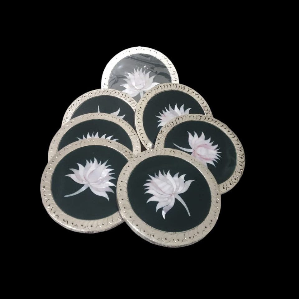 Silver Round Green Lotus Coasters with MOP