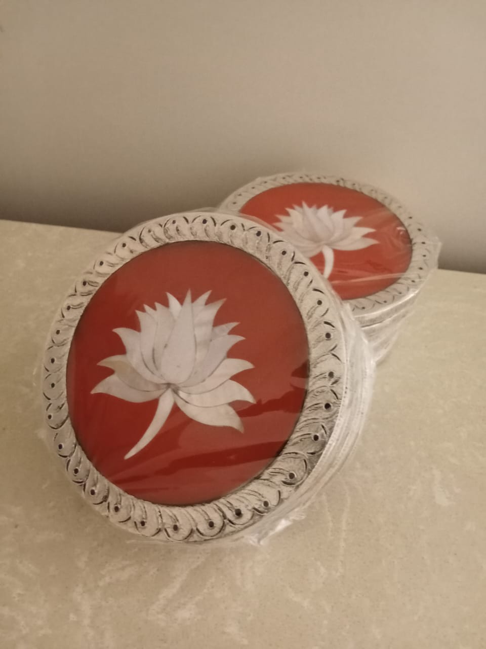 Round MOP Silver Red Lotus Coasters
