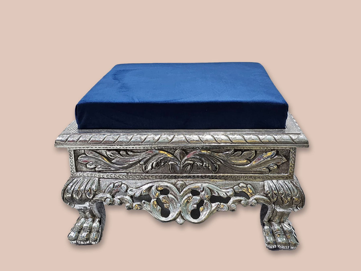 Square Silver Blue Cushioned Chowki