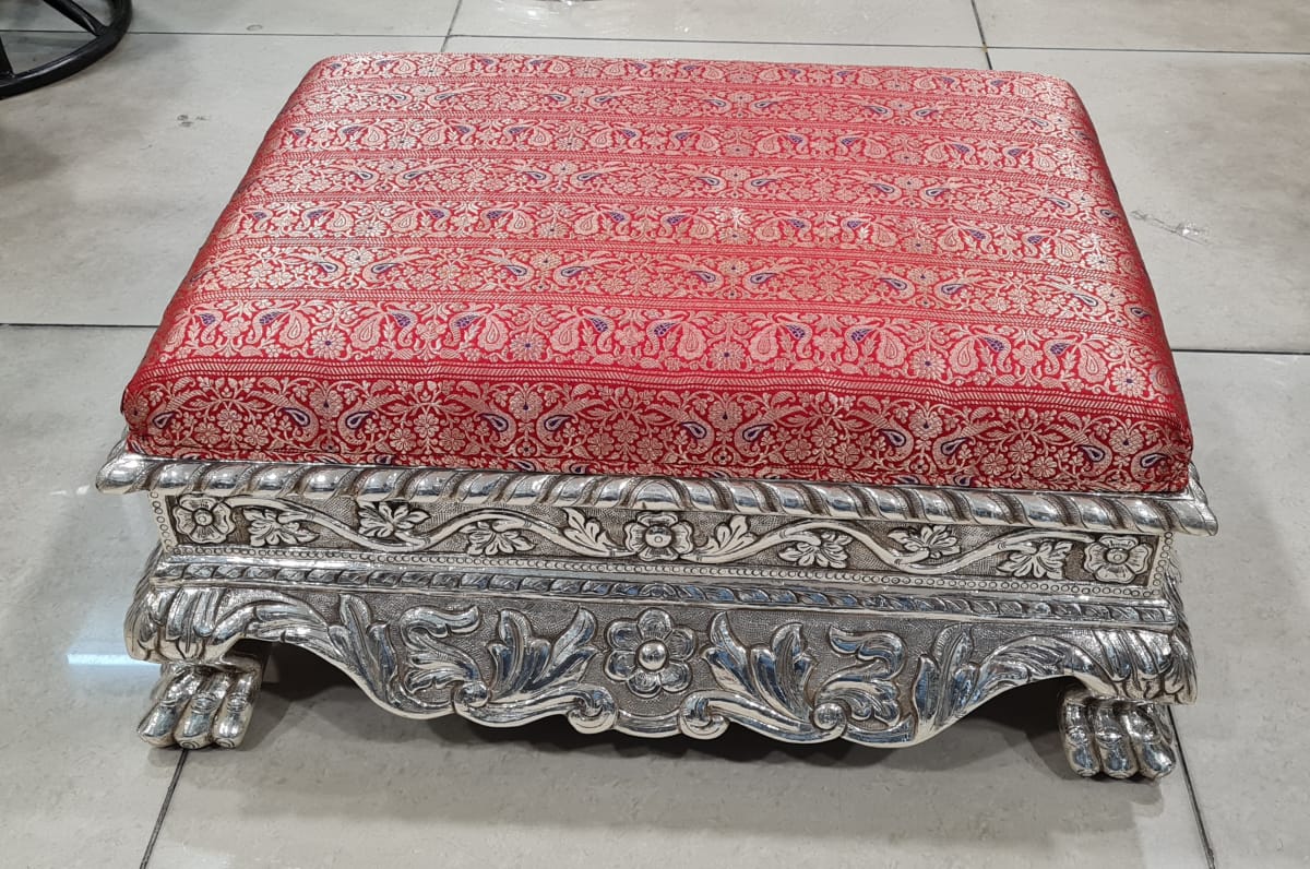 Silver Red Brocade Cushioned Chowki