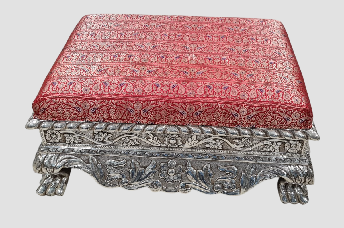 Silver Red Brocade Cushioned Chowki