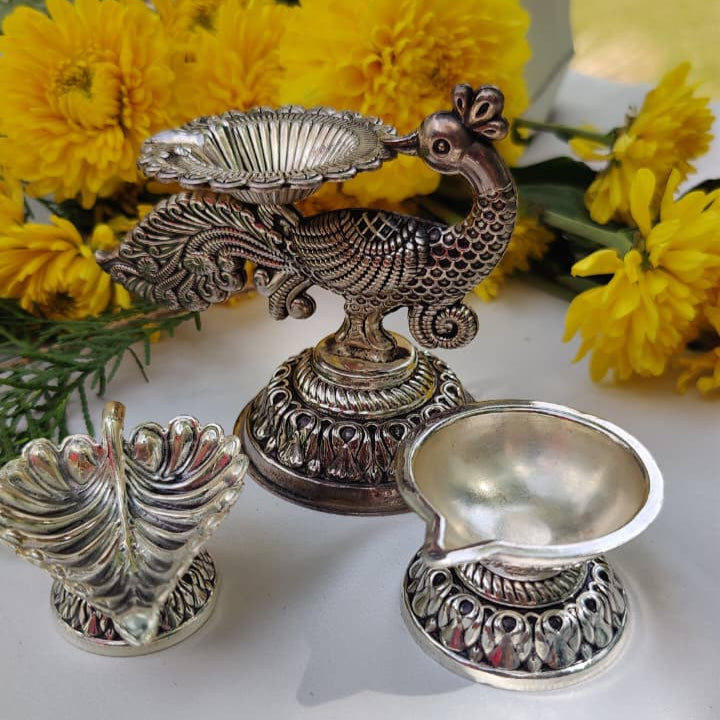 Silver Peacock and Leaf Diya Set