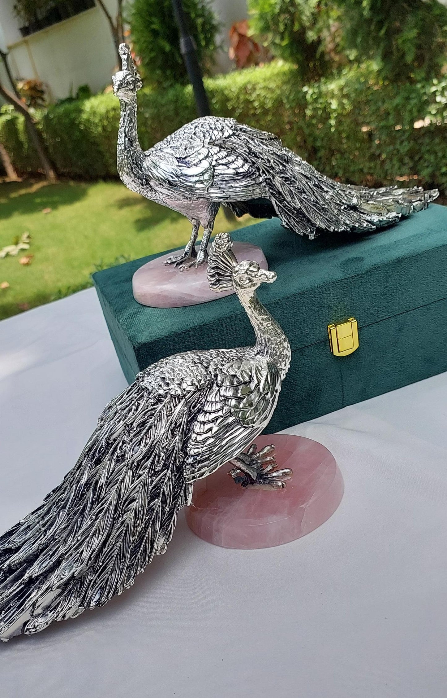 Silver Peacock with rose quartz base