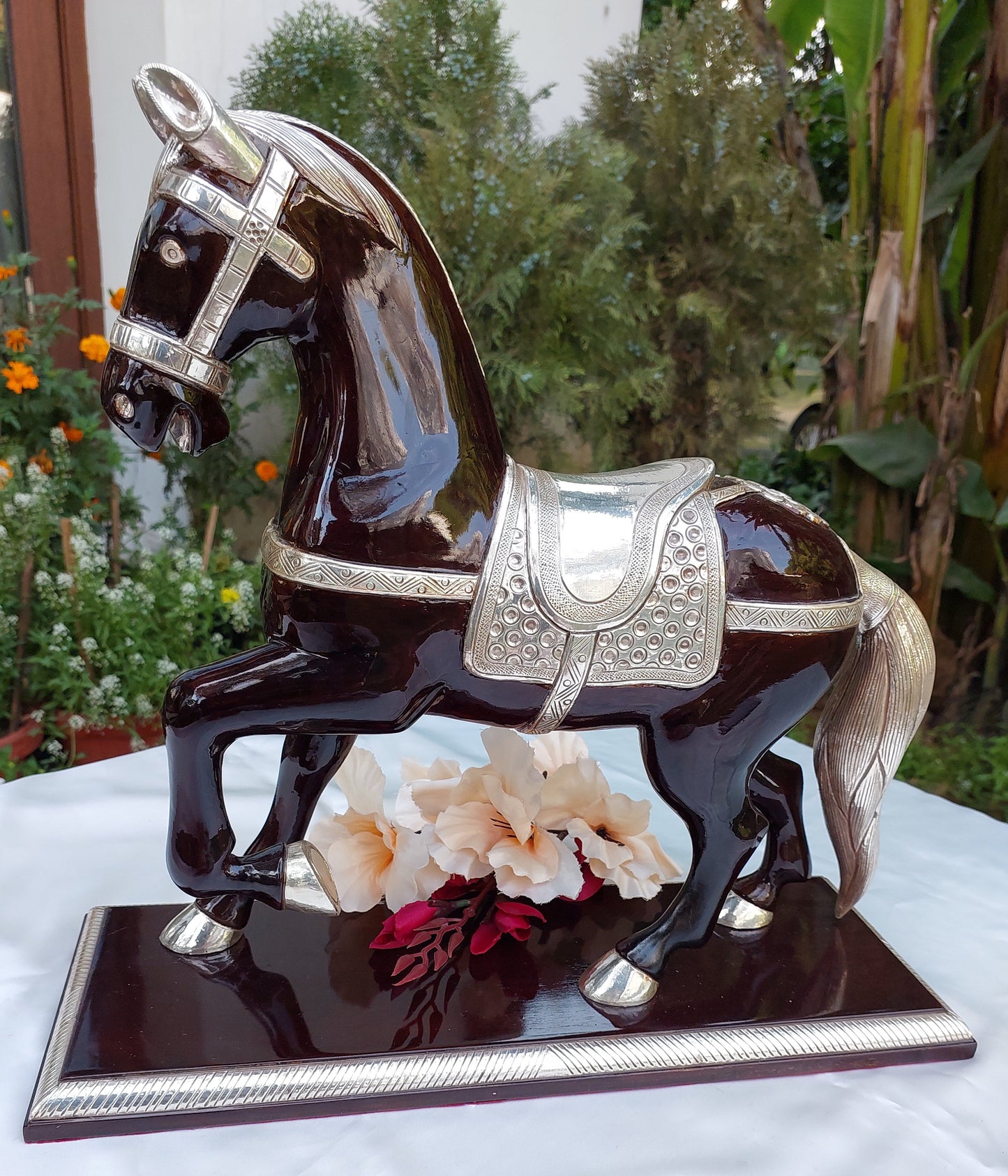 Silver Horse Statue on Carved Teakwood