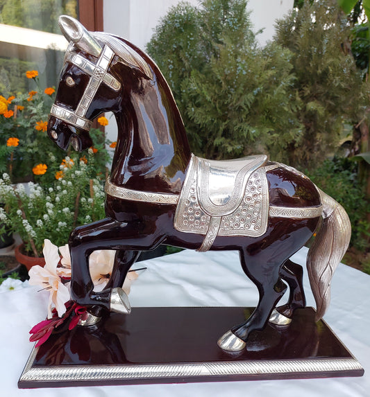 Silver Horse Statue on Carved Teakwood
