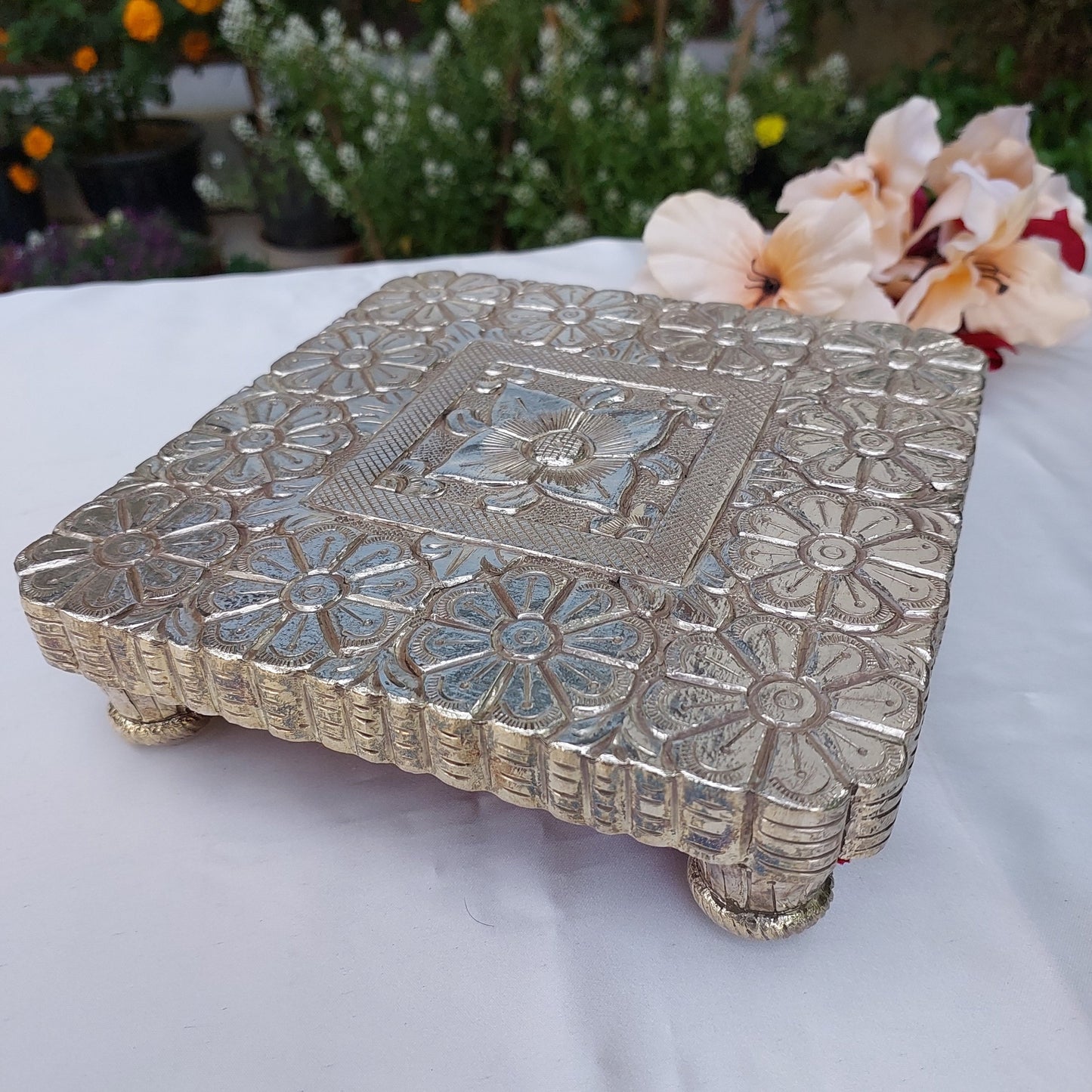 Silver Chowki on Carved Teakwood