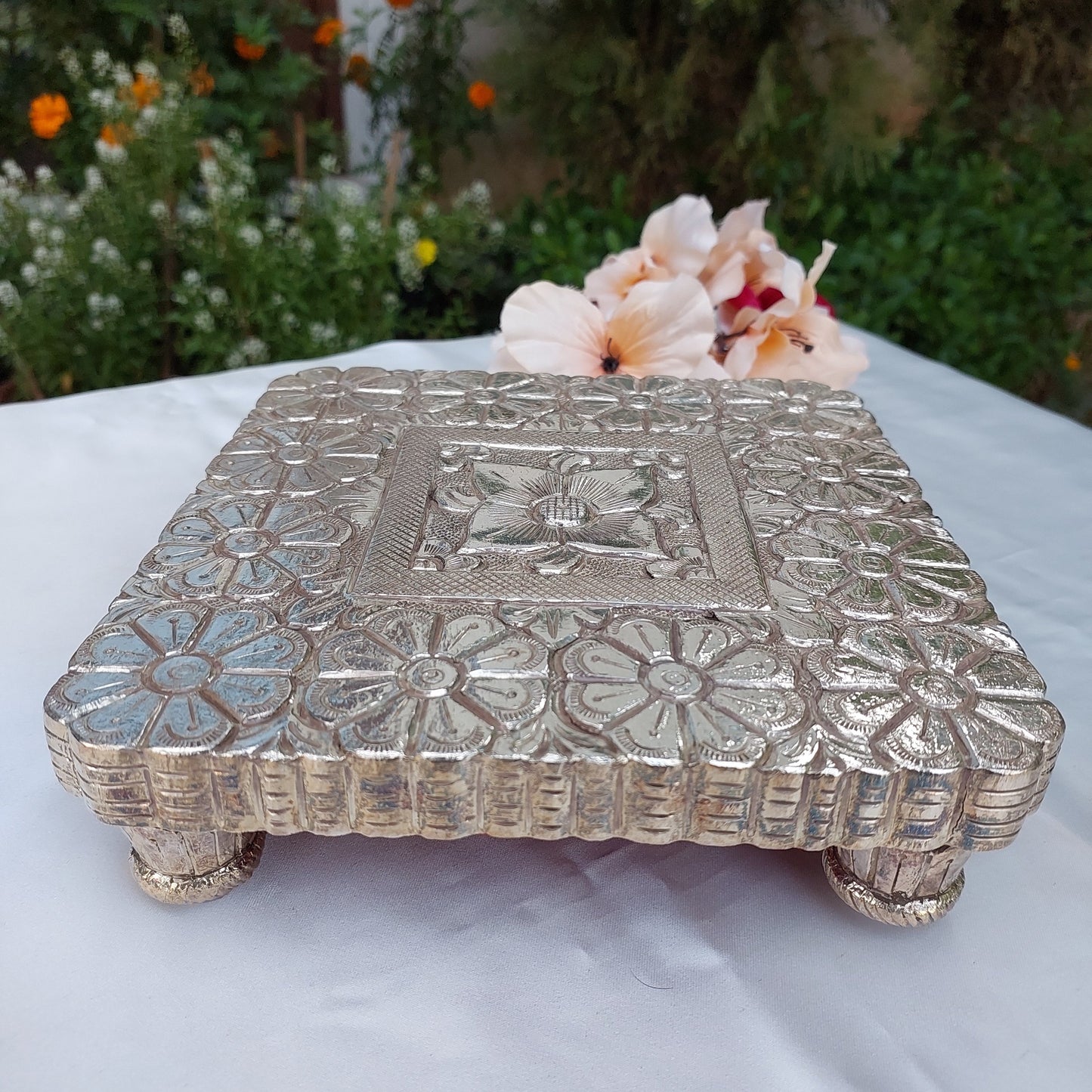 Silver Chowki on Carved Teakwood