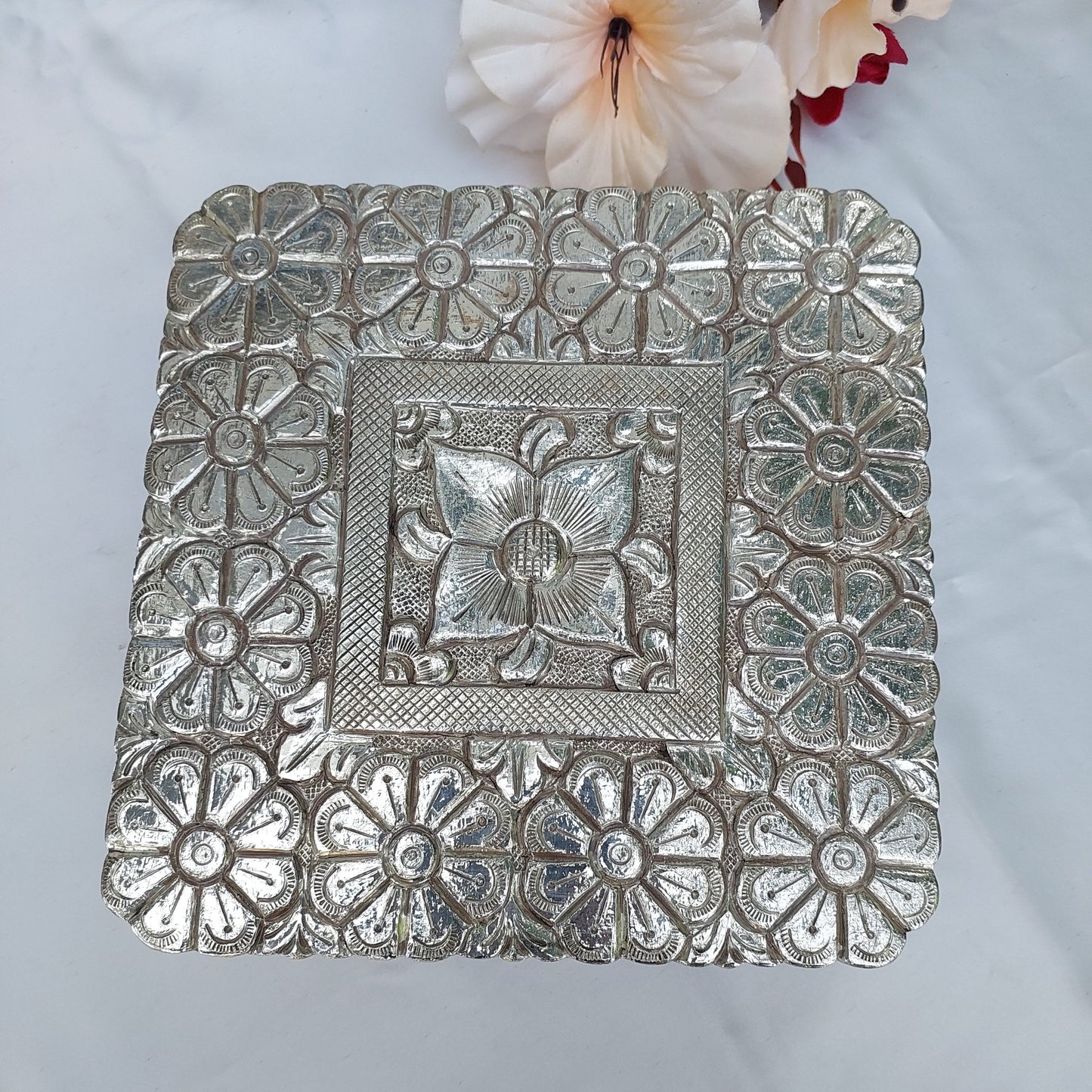 Silver Chowki on Carved Teakwood