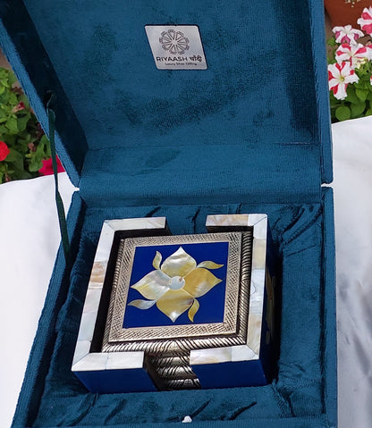 Silver Blue Flower Coasters with MOP