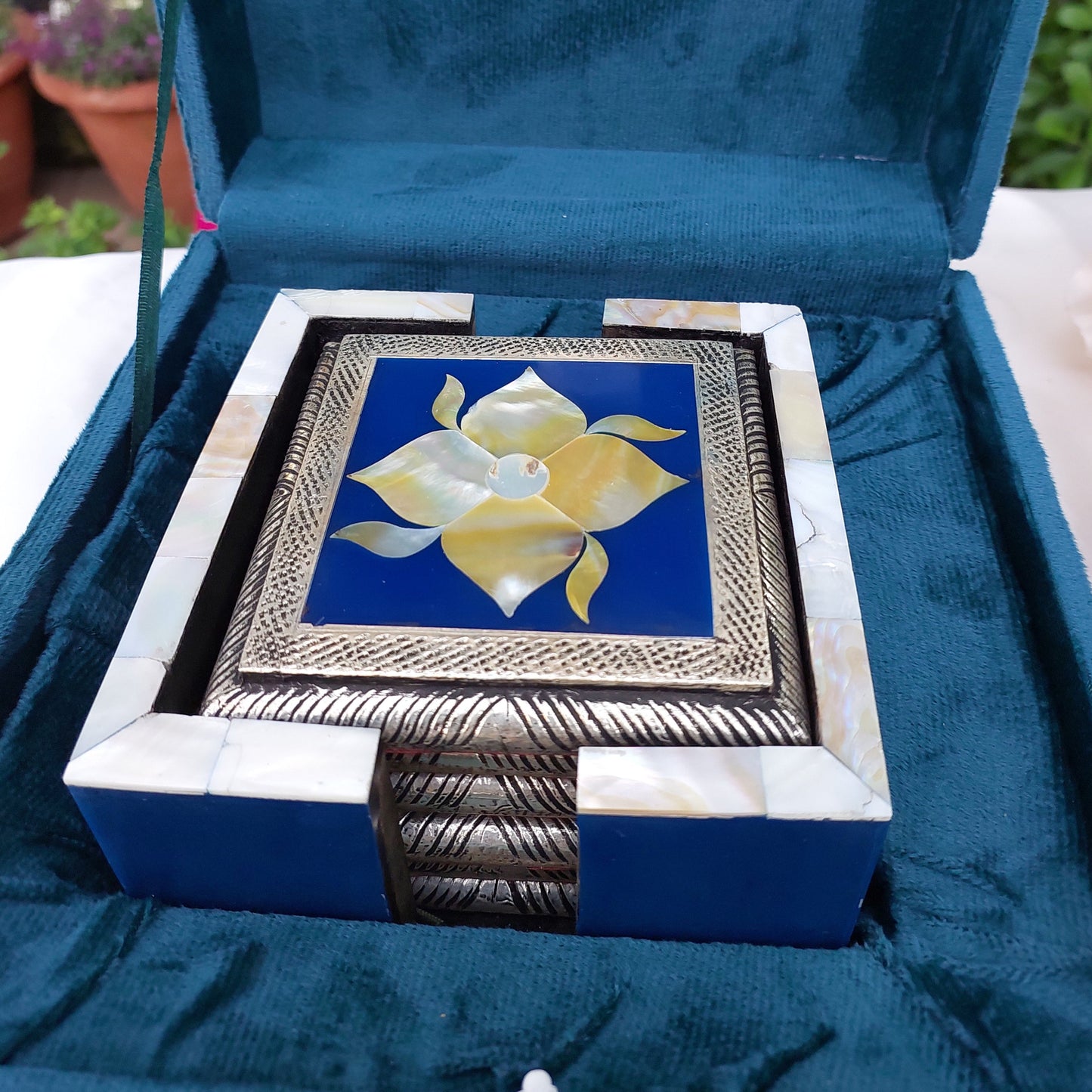 Silver Blue Flower Coasters with MOP