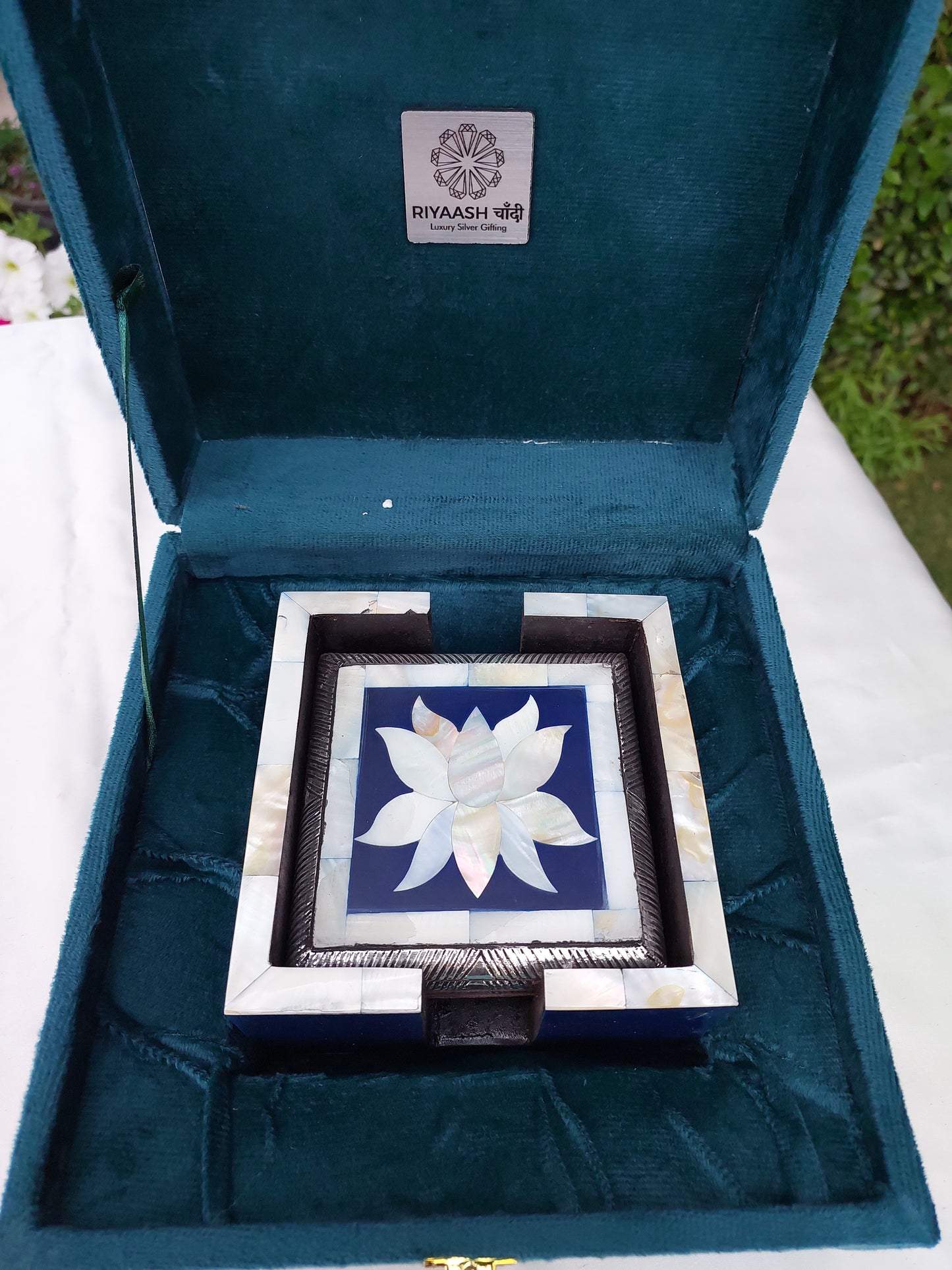Silver Blue Lotus Coasters with MOP on Carved teakwood