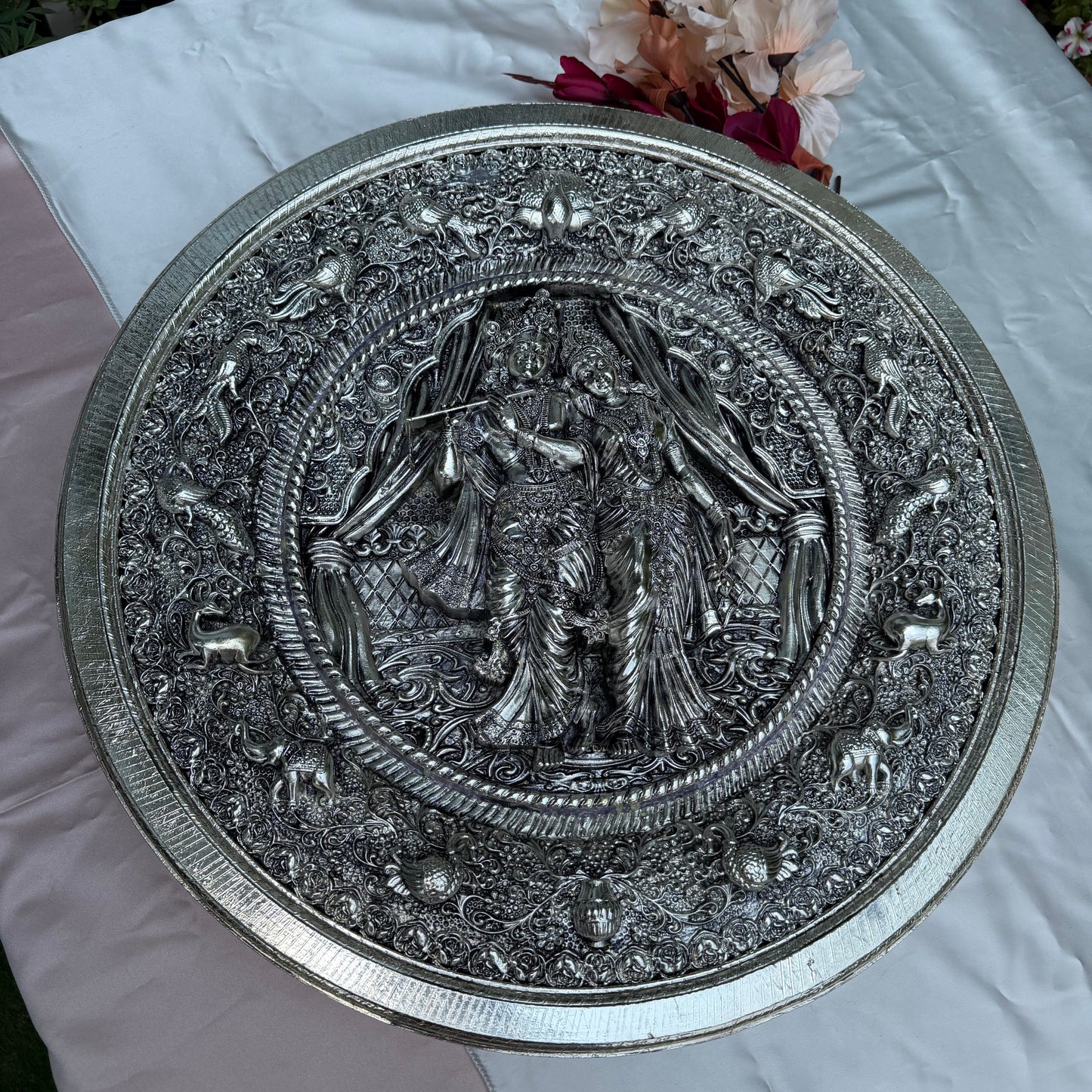 Silver Round Radha Krishna