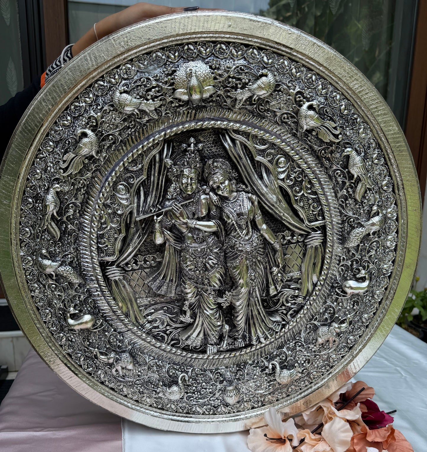 Silver Round Radha Krishna