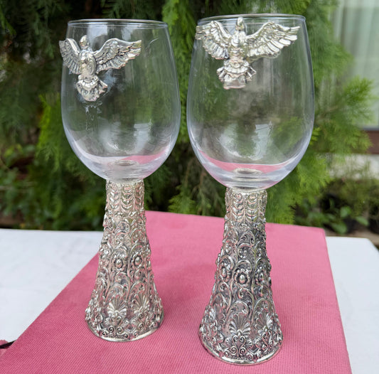 Silver Bird Design Wine Glass Pair