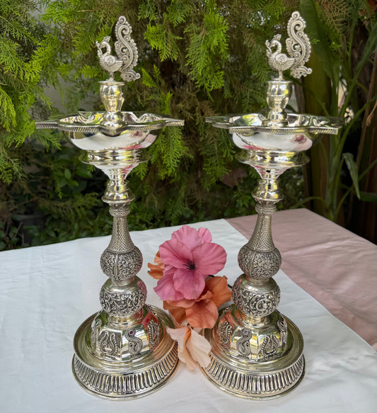 Long Peacock Silver Diya Pair