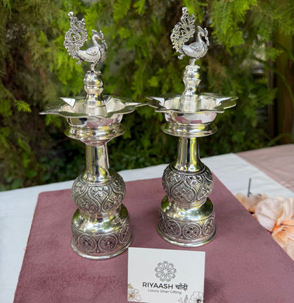 Peacock Silver Diya Pair