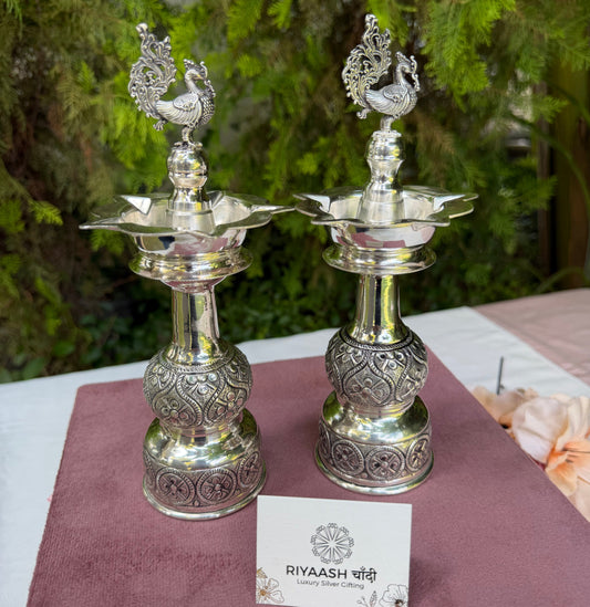 Peacock Silver Diya Pair
