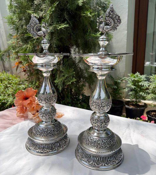 Long Peacock Silver Diya Pair