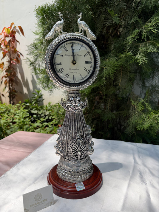Silver Peacock Table Clock