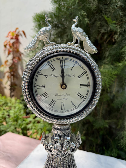 Silver Peacock Table Clock