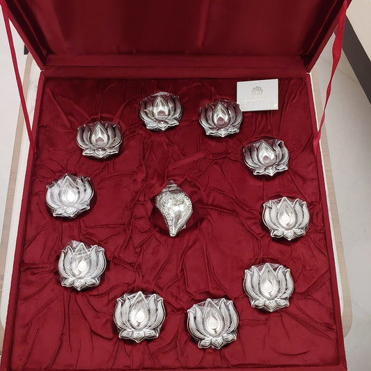 Silver 1 Shank Diya & 10 Lotus Diya Set
