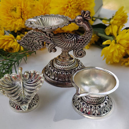 Silver Peacock Diya, Leaf Diya & Plain Diya Set