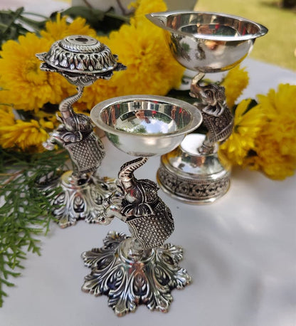 Silver 2 Elephant Diya & 1 Elephant Agarbatti Stand Set