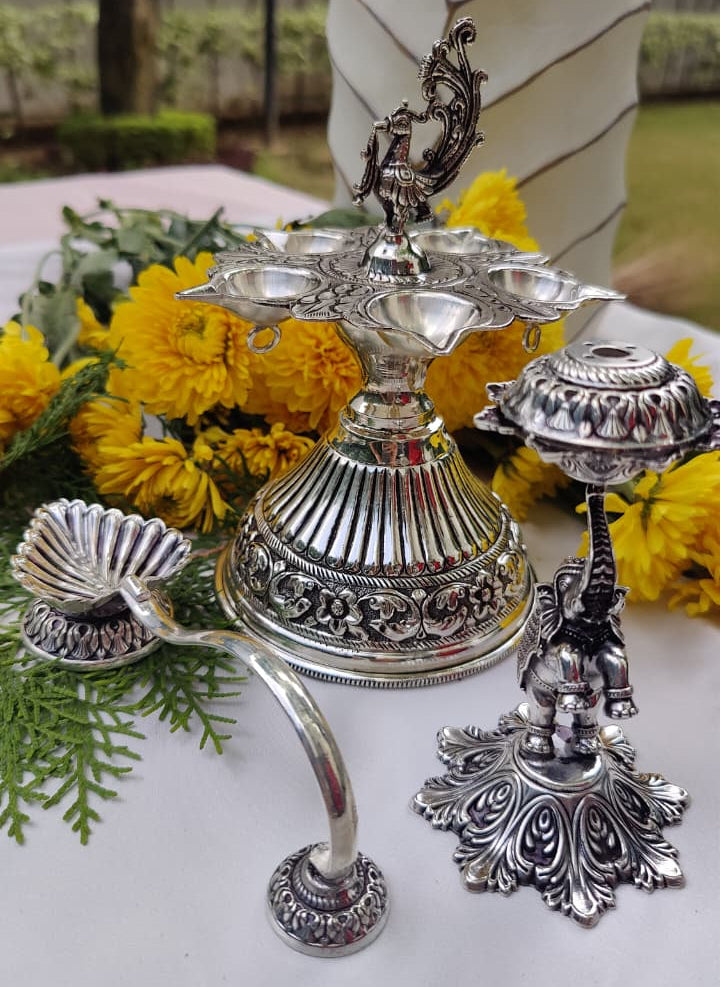 Silver 1 Elephant Agarbatti Stand & 1 Peacock Panchaarti Diya & Leaf Diya Set