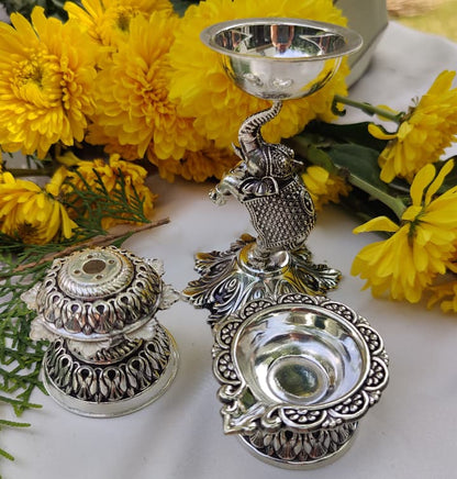 Silver Elephant Diya, Small Diya & Agarbatti Stand Set