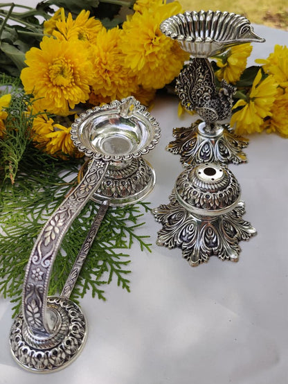 Silver Peacock Diya, Aarti Diya & Agarbatti Stand Set