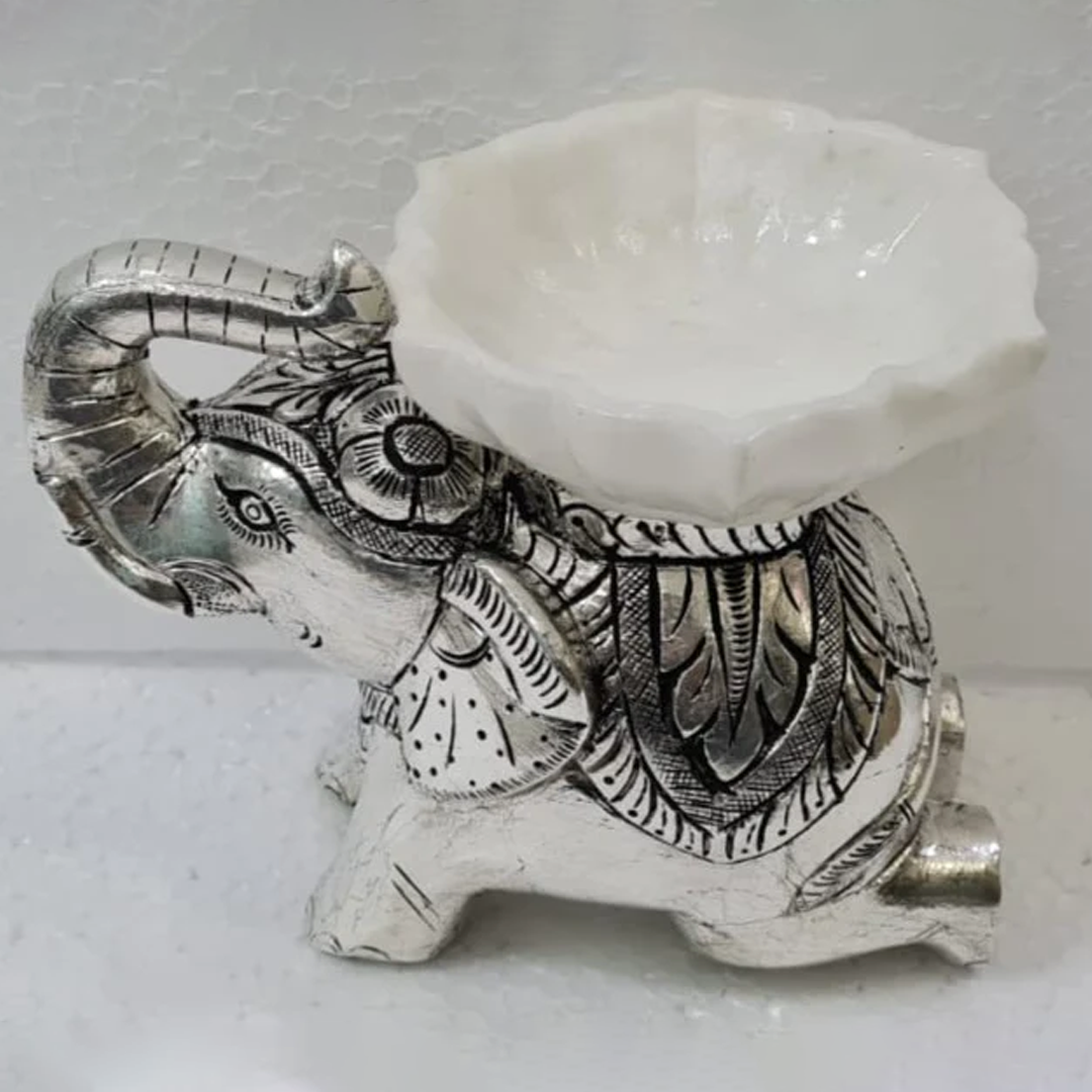 Pure Silver Elephant Statue with Marble Bowl