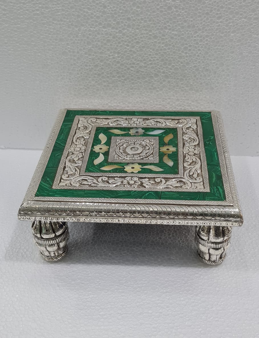 Buy Pure Silver Chowki in Green Malachite with MOP