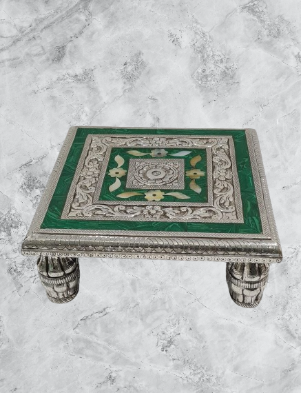 Pure Silver Chowki in Green Malachite with MOP