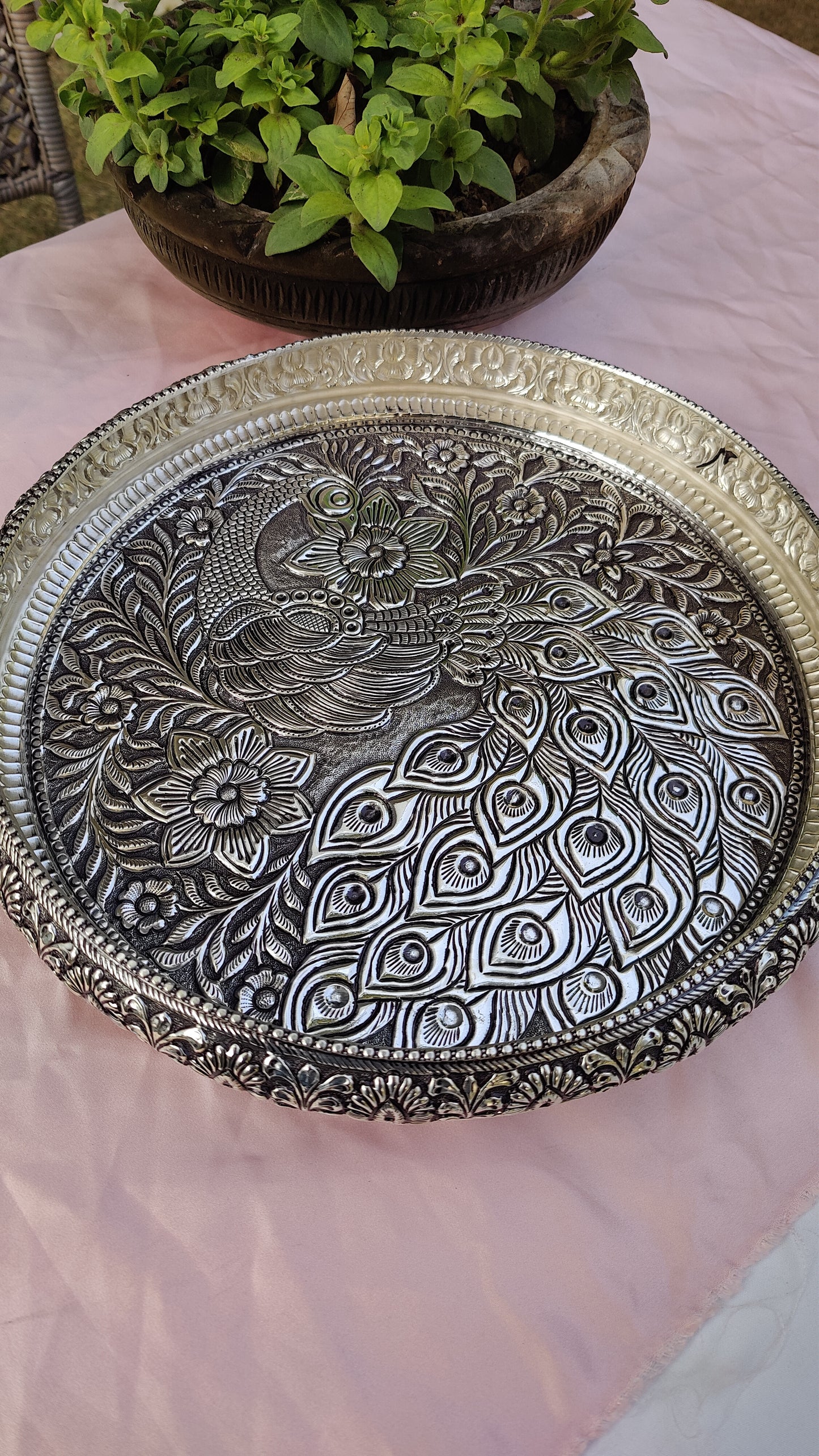 Silver Peacock Design Urli