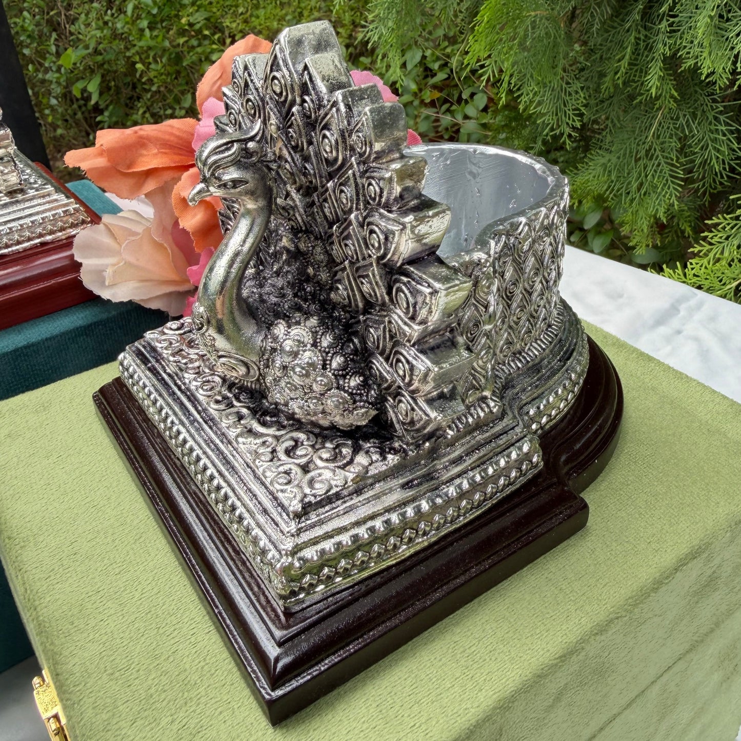 Silver Peacock Spoon Holder on resin wax