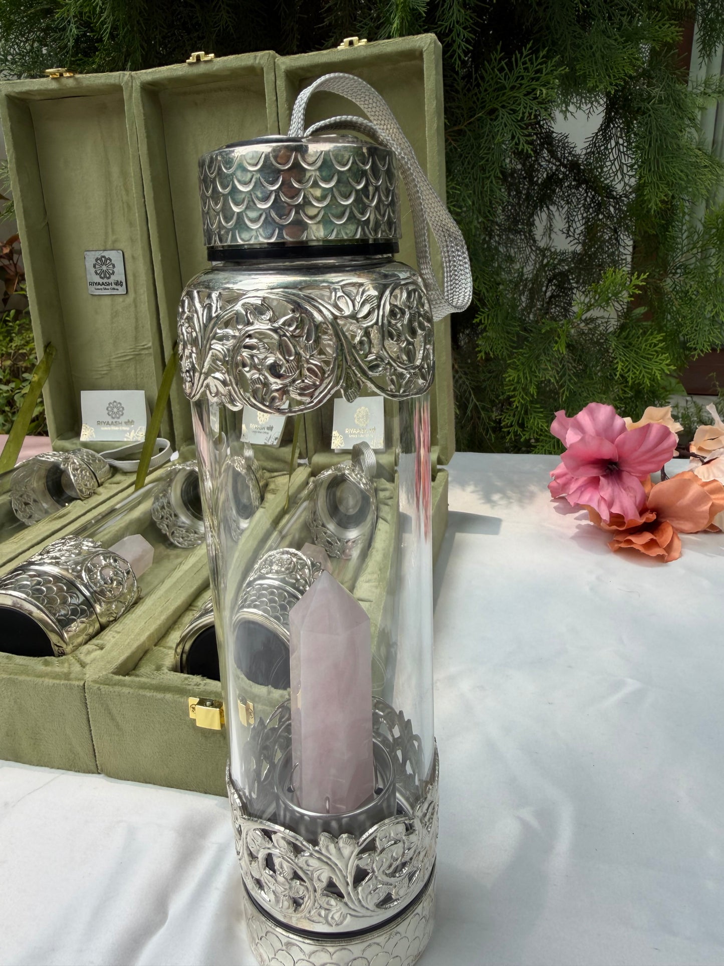 925 Pure Hallmarked Silver Glass Bottle with Rose Quartz Inside