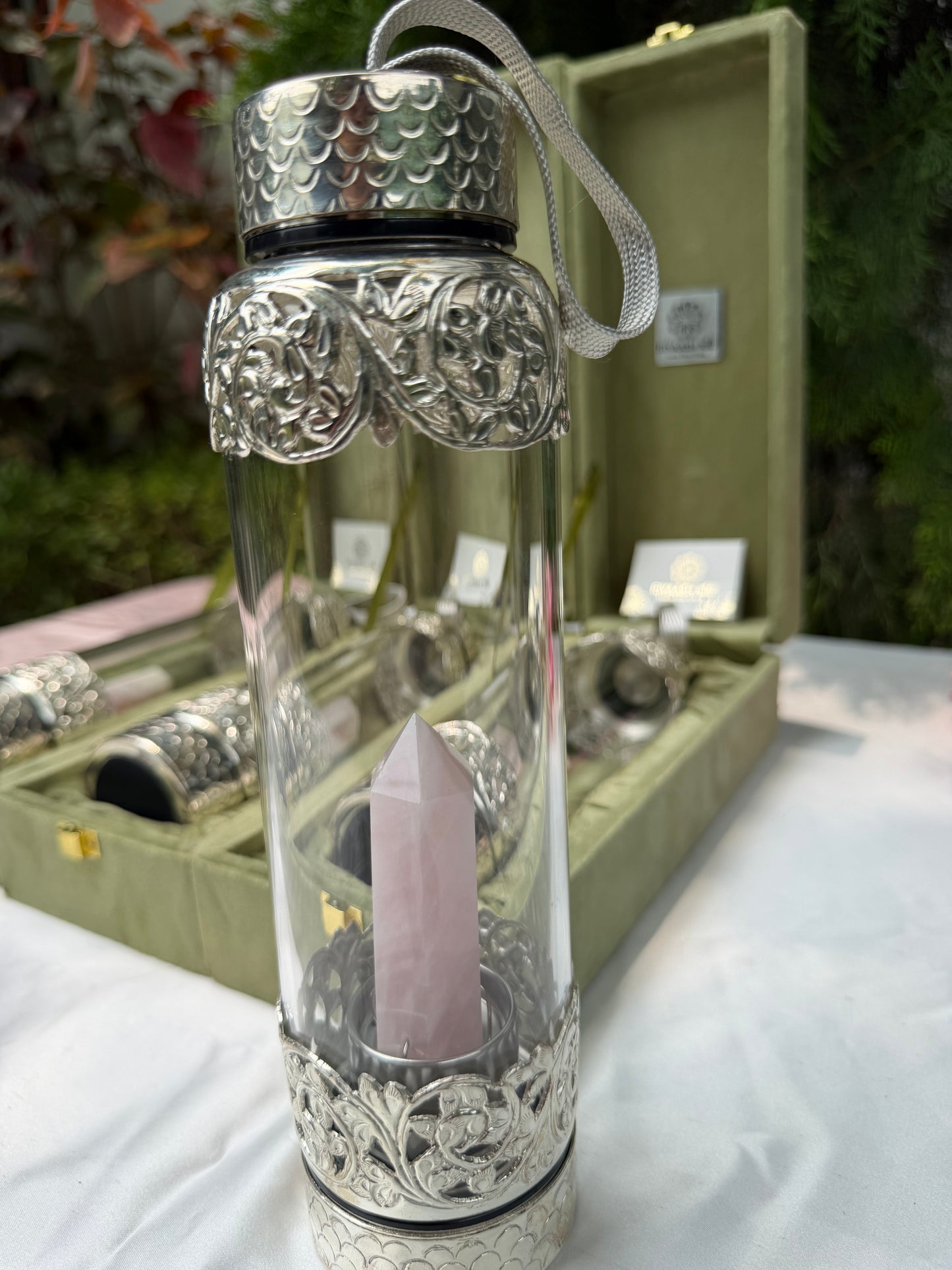 925 Pure Hallmarked Silver Glass Bottle with Rose Quartz Inside