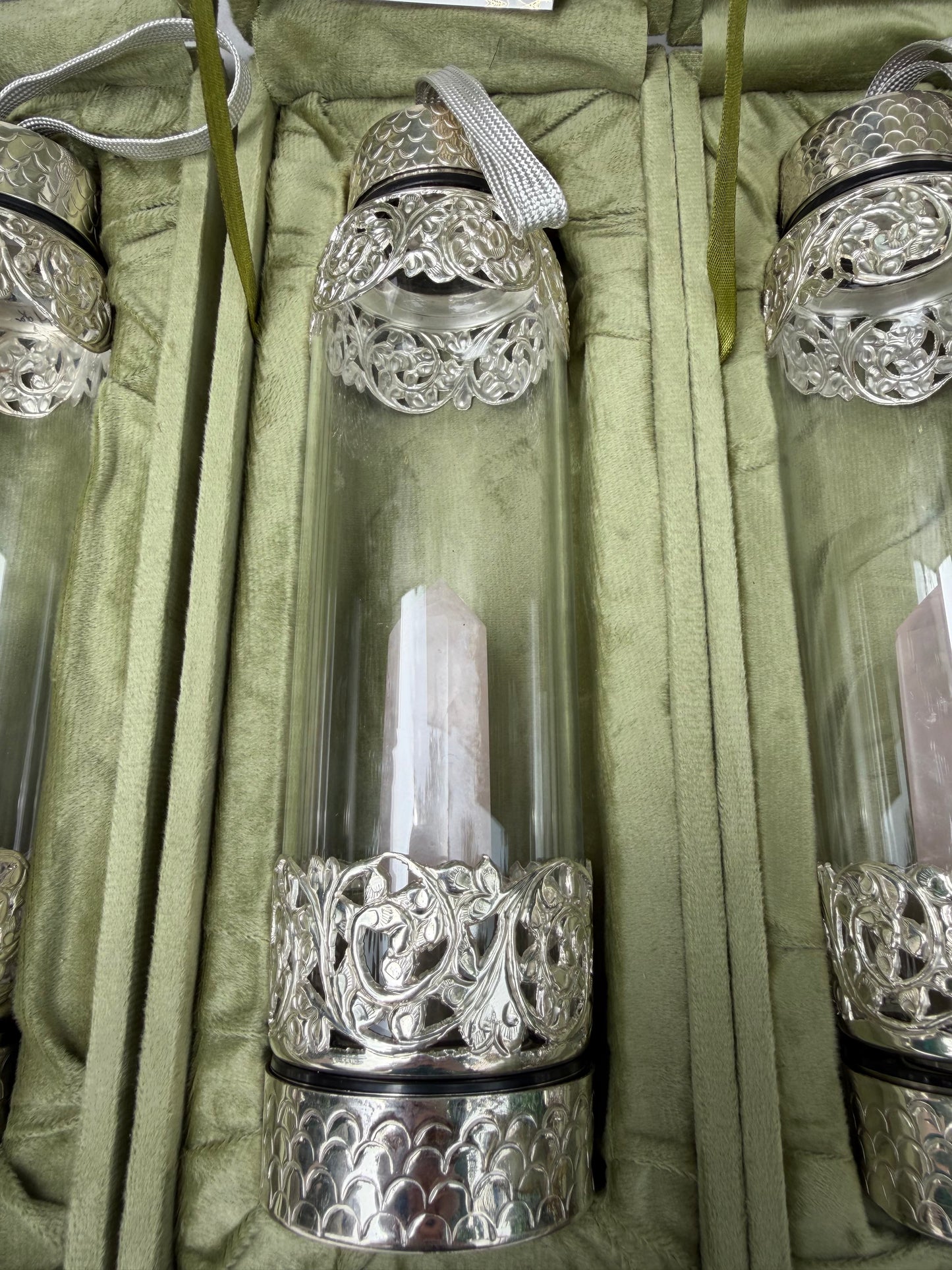925 Pure Hallmarked Silver Glass Bottle with Rose Quartz Inside