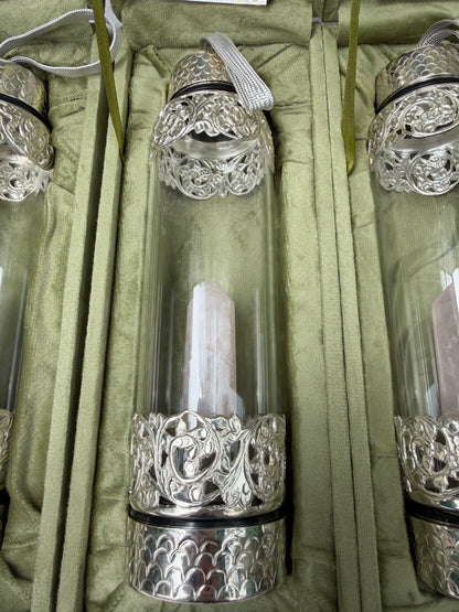 925 Pure Hallmarked Silver Glass Bottle with Rose Quartz Inside