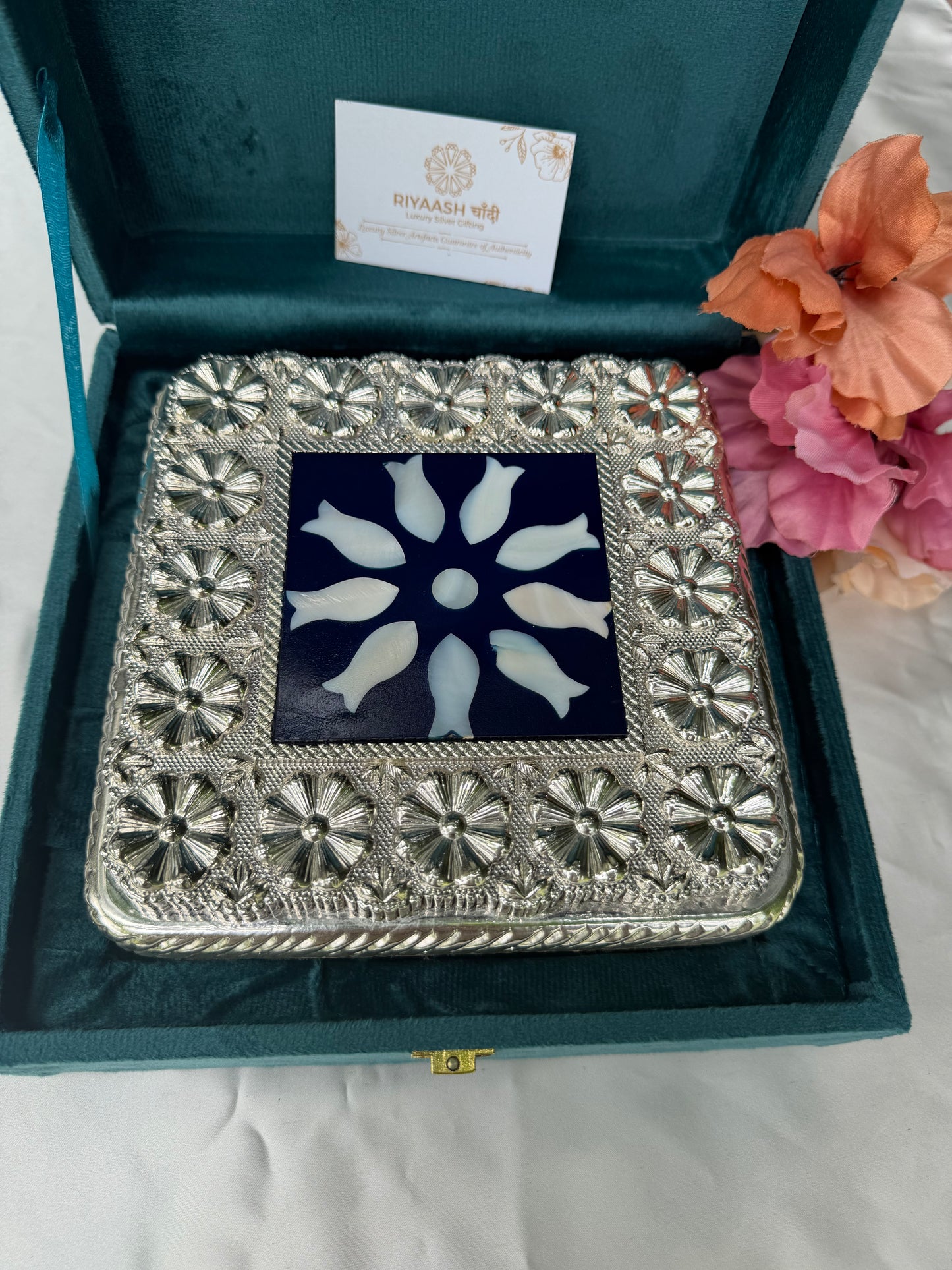 Blue Fish Design Silver Chowki